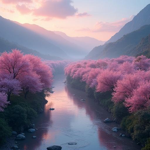 valley surrounded by hills with u-shaped river full of blossoming cherry trees at dawn hyper realistic rendering ambient lighting