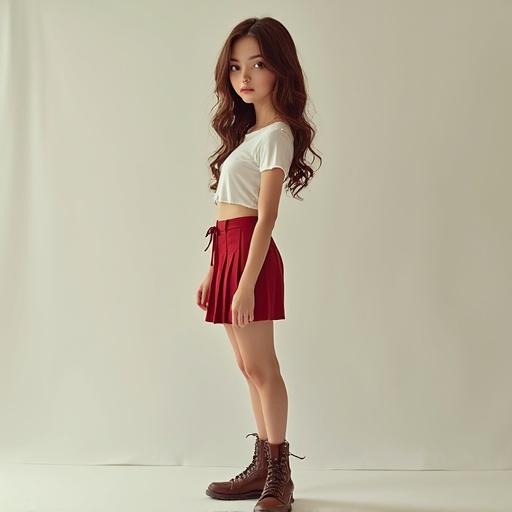 Girl standing with long hair. She wears a white cropped top and a red miniskirt. Boots are brown. Background is light and simple. Full body shot.
