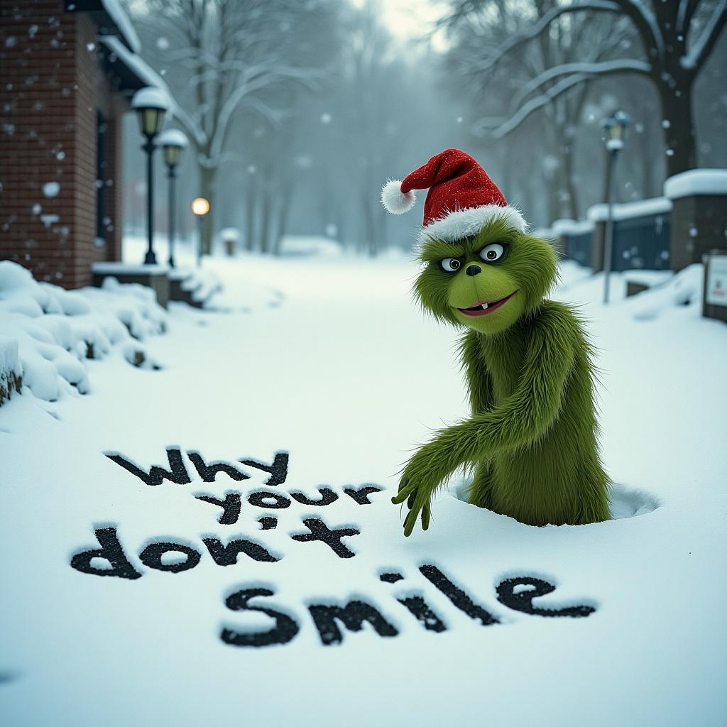 The Grinch writes in the snow while wearing a Santa hat. The snow says ‘Why your don’t smile’. The Grinch looks at the camera ready for the photo.