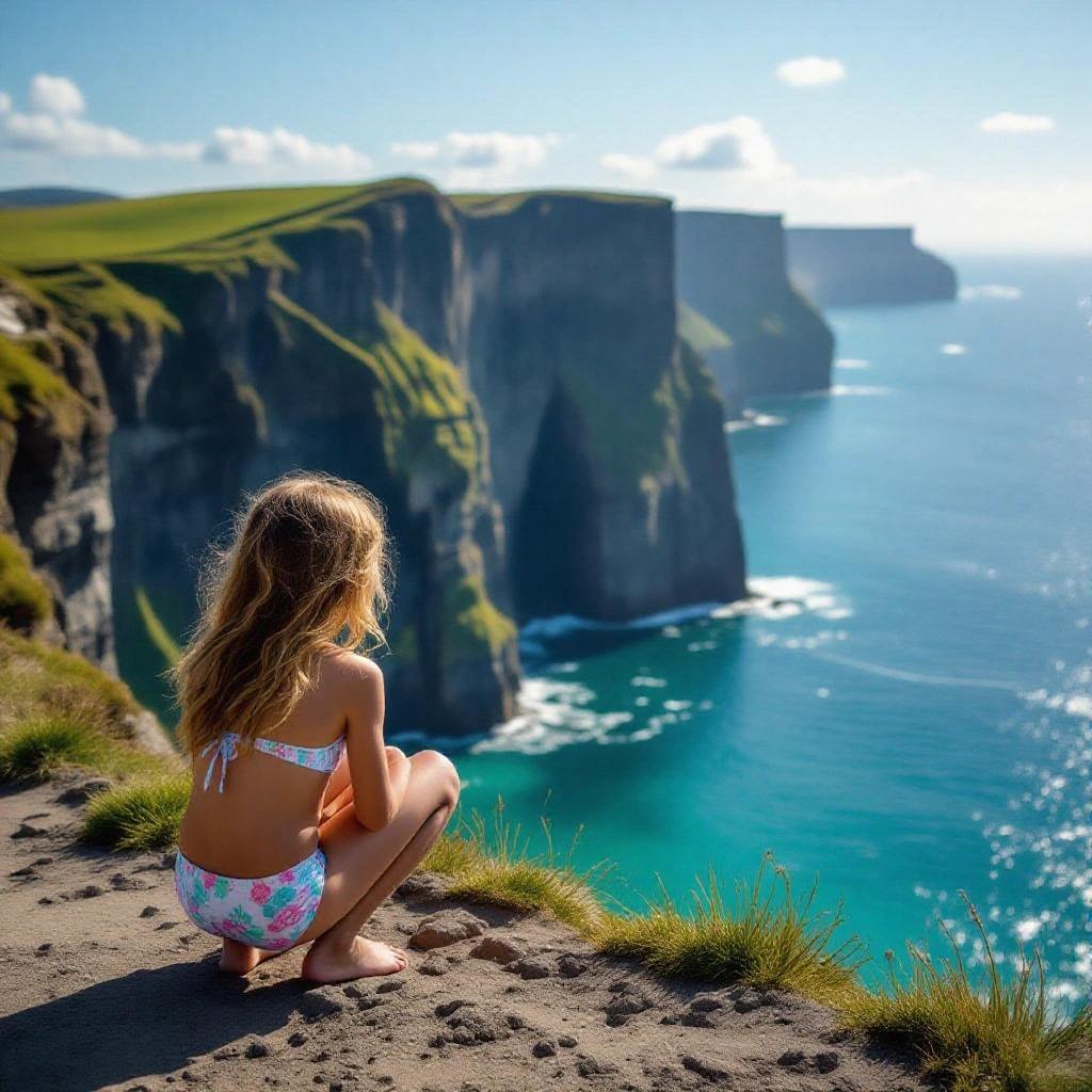 Young girl in bikini squatting down to look over a tall cliff and ocean scenery