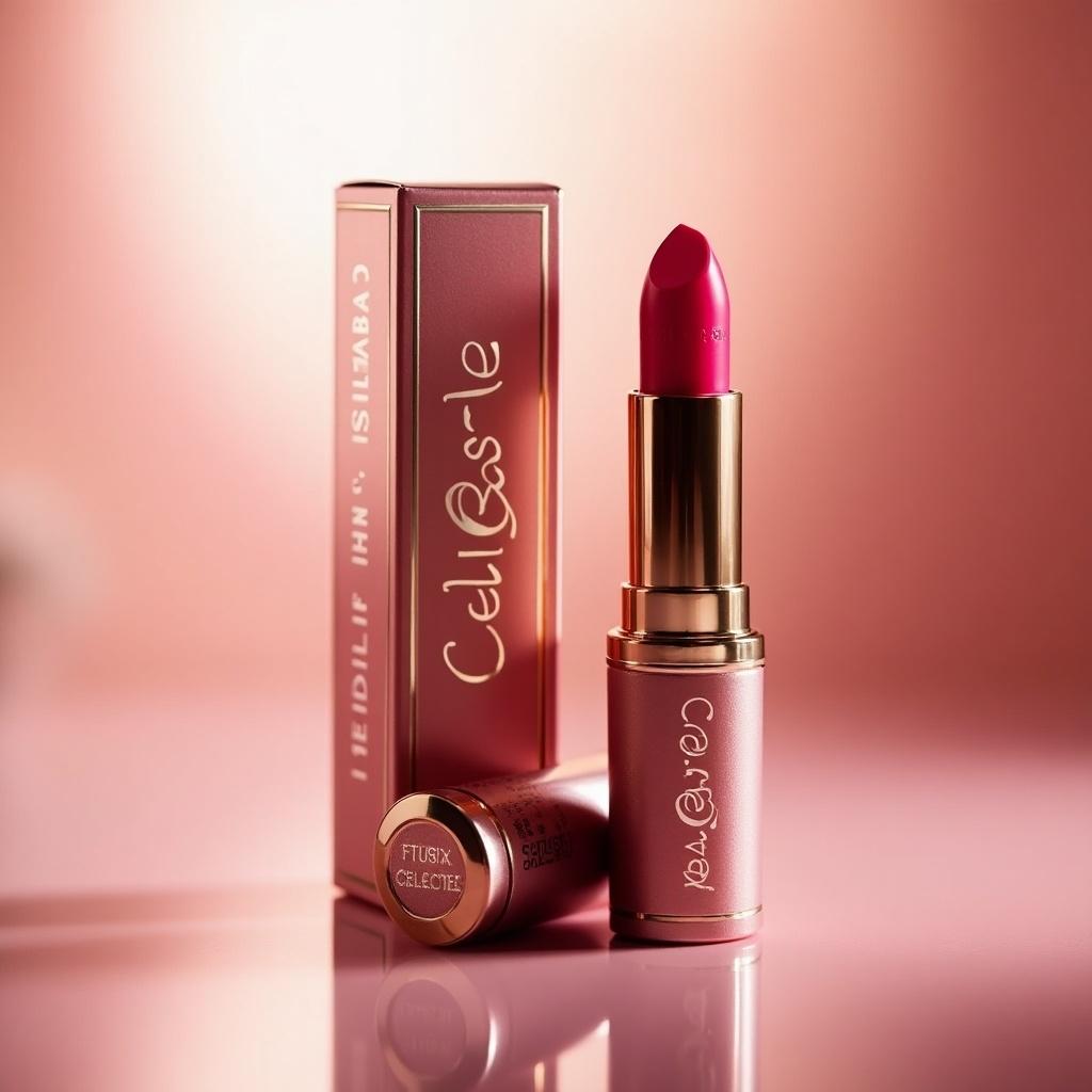 Lipstick from celeste brand displayed elegantly next to its packaging. The lipstick is vibrant pink with a gold casing.