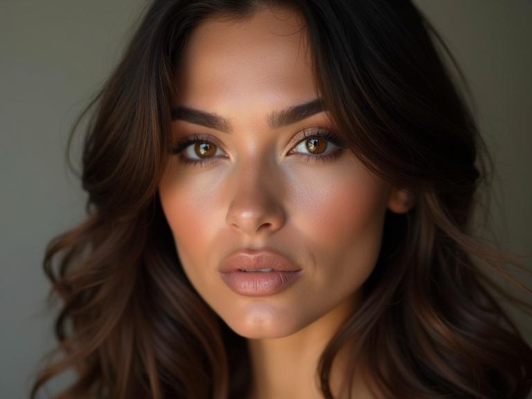Beautiful woman with olive-toned skin and large hazel eyes. Long dark brown wavy hair and glossy lips. Calm seductive expression with subtle makeup. Cinematic lighting enhances beauty. Focus on facial symmetry and features.