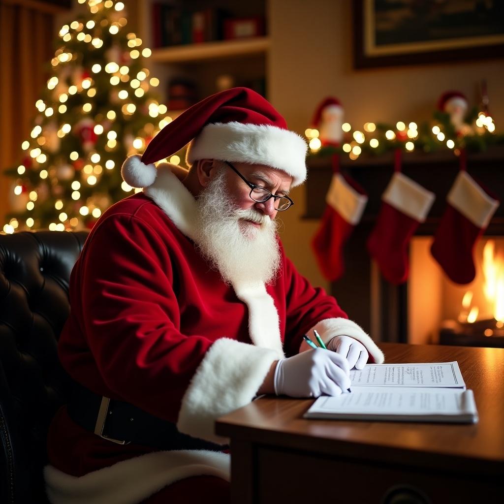 Santa Claus writing a holiday list at a wooden desk in a cozy room. Decorated Christmas tree and stockings hang in the background. A warm fireplace adds to the festive decorations.