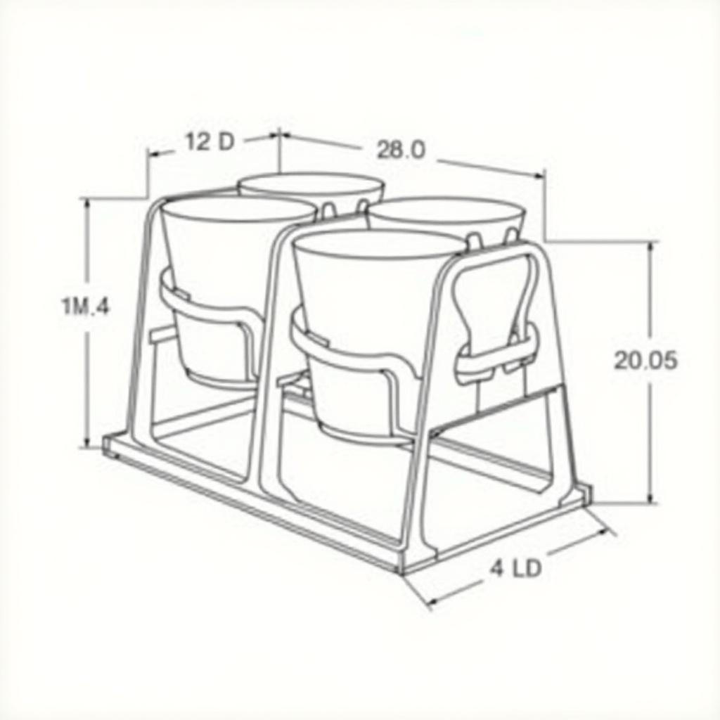 Technical illustration drawing of a holder designed for four 250 ml coffee cups. Dimensions provided for length of 28.0 and width of 12.0 while height is 20.05. Frame supports two cups on each side, with detailed measurements shown.