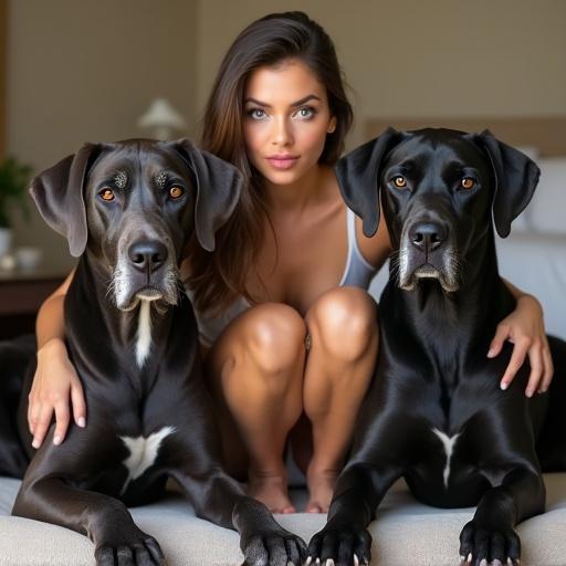 An attractive woman crouches between two Great Dane dogs in a hotel room.