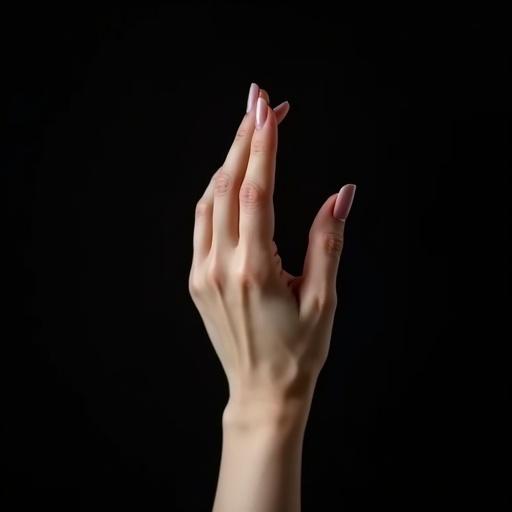 A perfect female hand with manicured nails is raised gracefully against a black background. The hand is elegant and well-shaped. The background is solid black, directing focus to the hand itself.