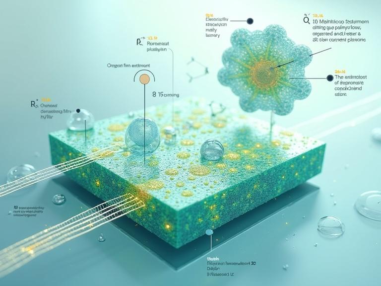 Futuristic scientific illustration of high-performance organic thermoelectric semiconductors. Visualize electron flow along polymer backbone and crystalline film morphology. Show diffusion of dopant molecules. Include symbols of high electrical conductivity and rapid electron transport. Use a modern style with a light background in soft blue and green tones.
