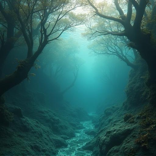 A serene underground water scene surrounded by trees. Ethereal lighting creates a mystical atmosphere. A winding stream flows through the forest. Misty air adds to the enchantment.