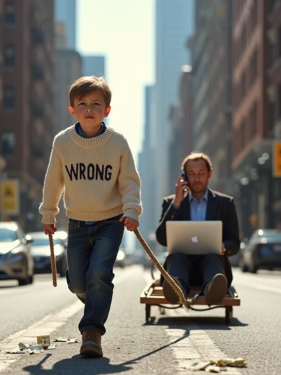 Realistic city street scene. A boy pulls a wooden sled using rope. He wears a cream sweater with 'WRONG' stitched. Dark jeans and worn boots. Facial expression shows strain. Parents seated on sled. Both work on laptops. Parents in formal clothing. City street is sunlit and quiet. Tall buildings with details. Crumpled hundred-dollar bills on pavement. Natural lighting with clean shadows. Highly photorealistic.
