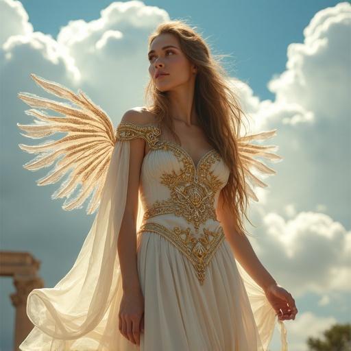 A divine and beautiful woman inspired by the Greek goddess of youth stands beneath a midsummer sky. She wears a white and gold gown with embroidery and gemstones, flowing layers, drapes, and gleaming clasps. Her long hair flows in the breeze. Ethereal wings of light flicker near her shoulders. Behind her, celestial temple ruins shimmer in the deep blue sky. Her skin glows softly under natural lighting, her expression is serene and majestic. Photorealistic, high fantasy, atmospheric composition.