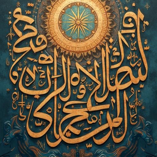 Intricate Arabic calligraphy artwork with a teal background and gold lettering. The design features various artistic elements of Arabic script. The calligraphy is beautifully rendered, creating an elegant and culturally significant visual experience. Evocative patterns surround the main character of the artwork.