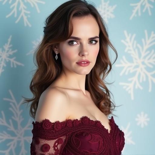 Photograph of a woman in a burgundy lace dress. The subject has long, wavy hair and is posed with a serious expression. The background features a light blue gradient with white snowflakes. Soft lighting enhances the overall elegance.