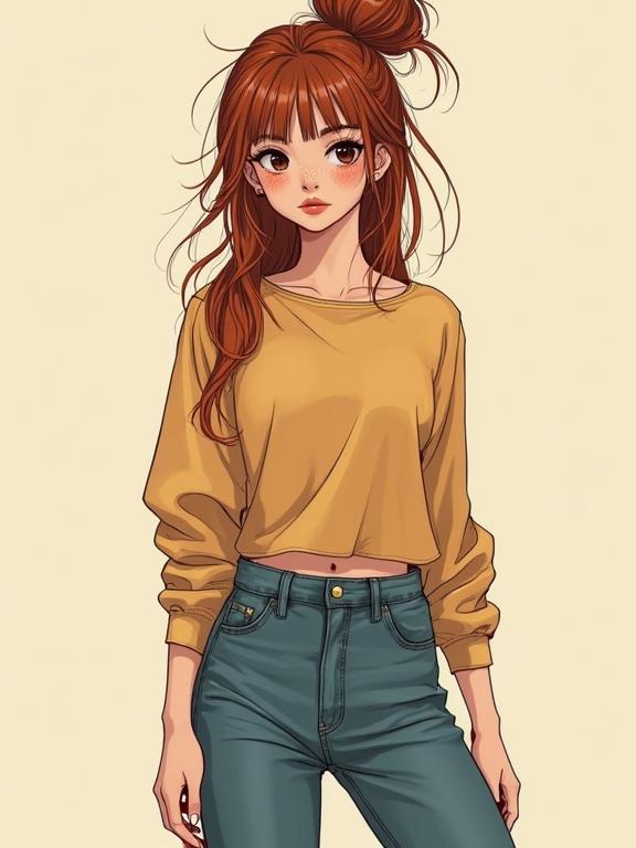 Full body portrait of a teenage girl with auburn hair in a messy bun. Wearing an oversized yellow top and blue skinny jeans. She has freckles and dark eyes. The background is trendy with a soft and diffused light appearance.