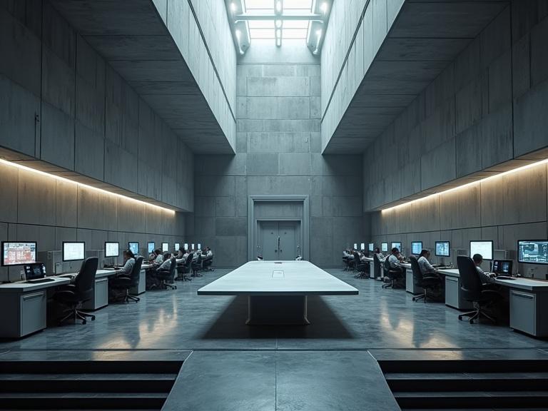 Create a vast command center featuring a grey concrete interior. The room has a low ceiling with a sleek, industrial design. Large monitors and black chairs occupy the space. A white bulky rectangle bevel strategy table stands in the center. Metal doors and dim lighting add to the mood. Military personnel in grey uniforms move around the area. The focus is on the smooth surfaces and shadow play throughout the room.