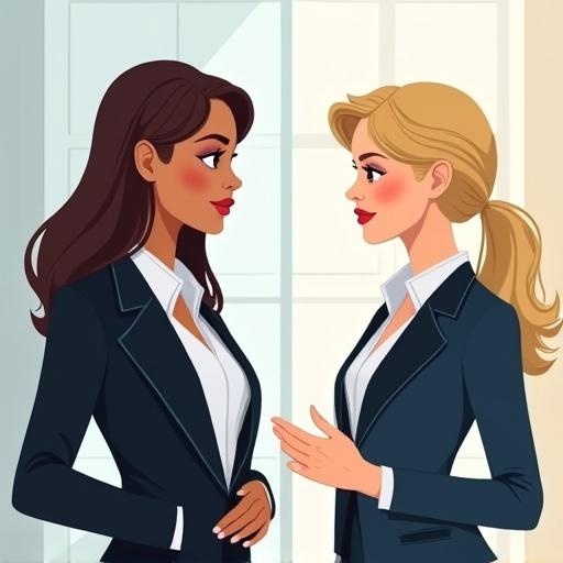 Digital illustration of two professional women in a formal interaction. One woman has blonde hair and wears a professional blouse. The other has medium-length dark hair and wears tailored business attire. The focus is on their engagement in a polished atmosphere. Colors are bright and clear.