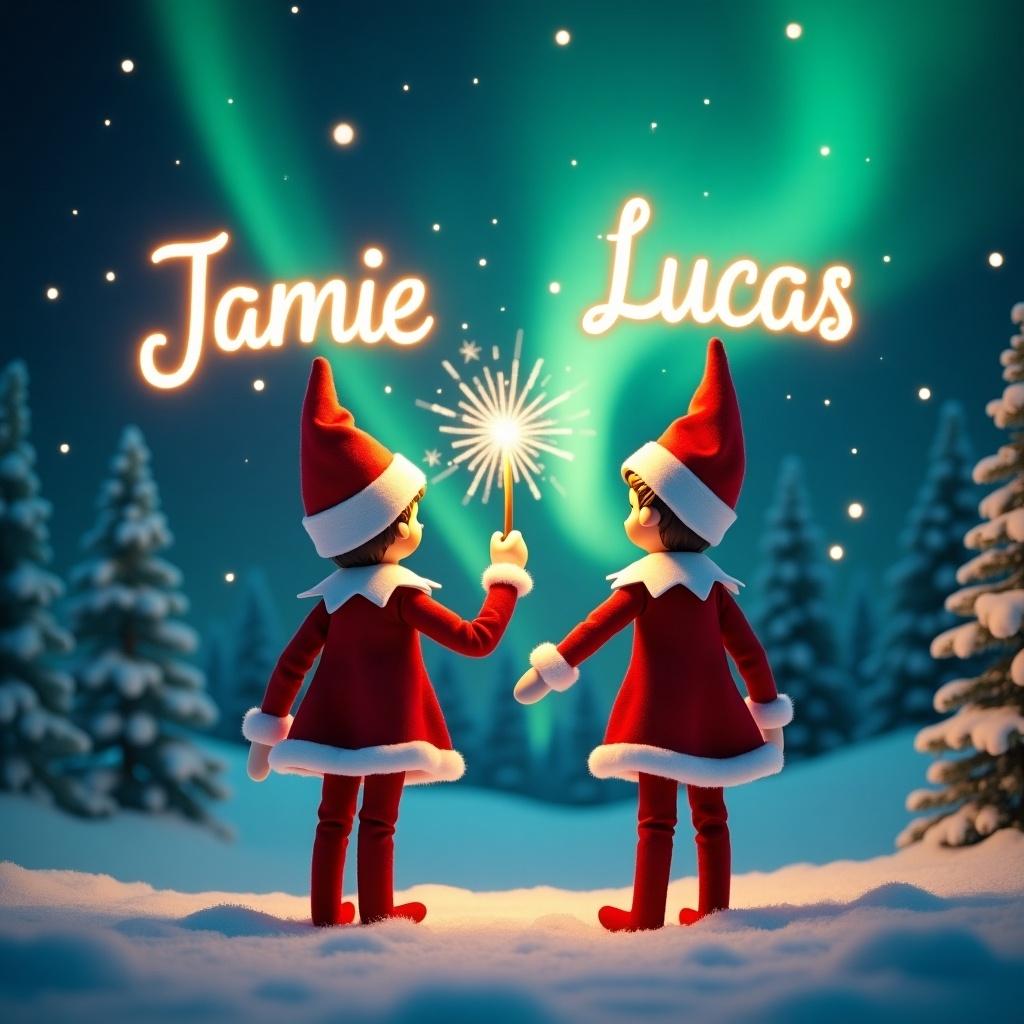 This enchanting Christmas scene showcases two elves on the shelf, positioned facing the sky with their backs to the viewer. Dressed in festive red and white, they hold a magic wand. One elf writes 'Jamie' while the other writes 'Lucas' in a glowing script above them. The backdrop features vibrant northern lights, enhancing the magical atmosphere. Snow-covered trees surround them, capturing the festive essence of the holiday season. This whimsical setup reflects the joy and excitement of Christmas, enticing viewers with its charm.