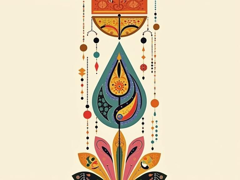 A vertical repeating pattern of abstract shapes in a mid-century modern style. Shapes connected by strings of circular and diamond beads. Rounded rectangles at the top with internal patterns in orange, yellow, green, and pink. Below is a larger teardrop shape with designs in blue, purple, black, and orange. Bead strings alternating colors. A large flower shape at the bottom with pink, red, orange, green, and blue elements, featuring various patterns. Shapes and bead strings repeat vertically.