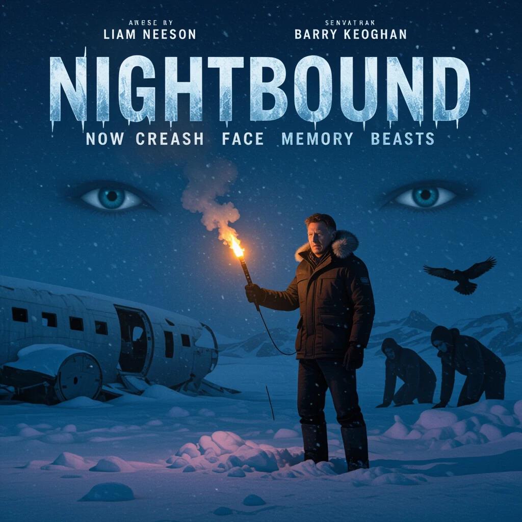 Liam Neeson stands holding a flare near a downed plane. Eyes glint in the dark. Creatures form in snow flurries. Snowstorm encroaches from behind. High detailed scene.