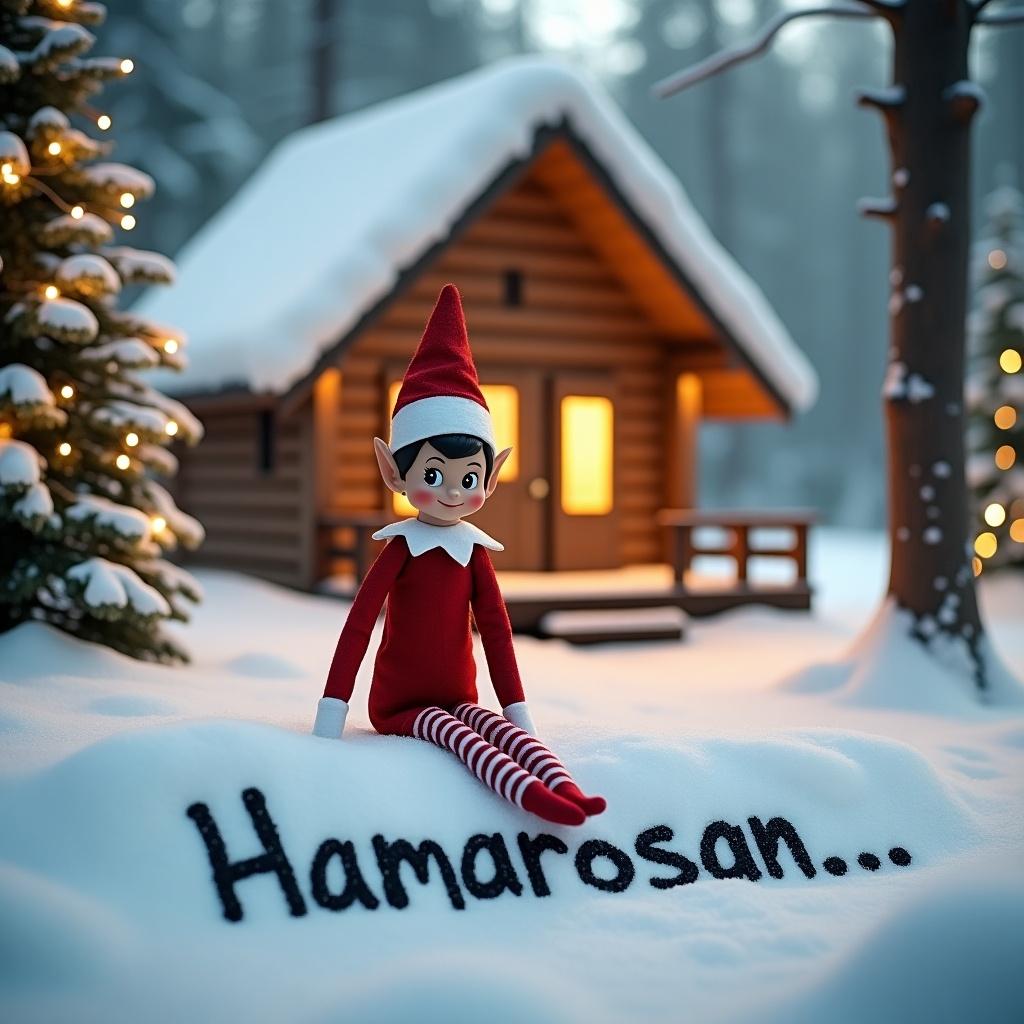 An elf on the shelf sits happily in a snowy landscape. He wears a red outfit with a white collar and a festive hat and striped socks. He has big ears. Behind him is a cozy cabin, warmly lit to create a magical holiday atmosphere. The ground is blanketed in soft, white snow where he writes ‘Hamarosan...’ in the snow.