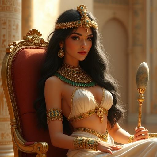 Beautiful woman seated on a throne in an ancient Egyptian palace. The palace features marble columns and golden ornaments. She wears Cleopatra-inspired attire with intricate jewelry and has dramatic makeup. The woman displays a confident expression while holding a scepter. Rich fabrics enhance the opulence of the scene. Soft, fantasy lighting adds a magical touch.