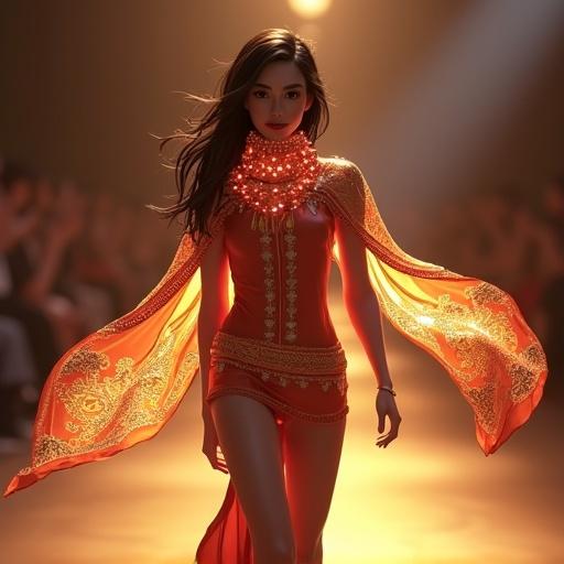 Elegant female Roblox avatar on a fashion runway. Flowing animated silk Hermès scarf with dynamic patterns. Glowing effects and gold embroidery.