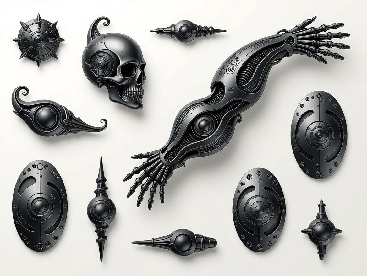 Biomechanical tattoo sheet features abstract flowing tech-organic forms. Multiple pieces include curved metal plates and organic sinews. Artistic flash arrangement enhances surreal anatomy. Clean white background provides contrast for black ink details.