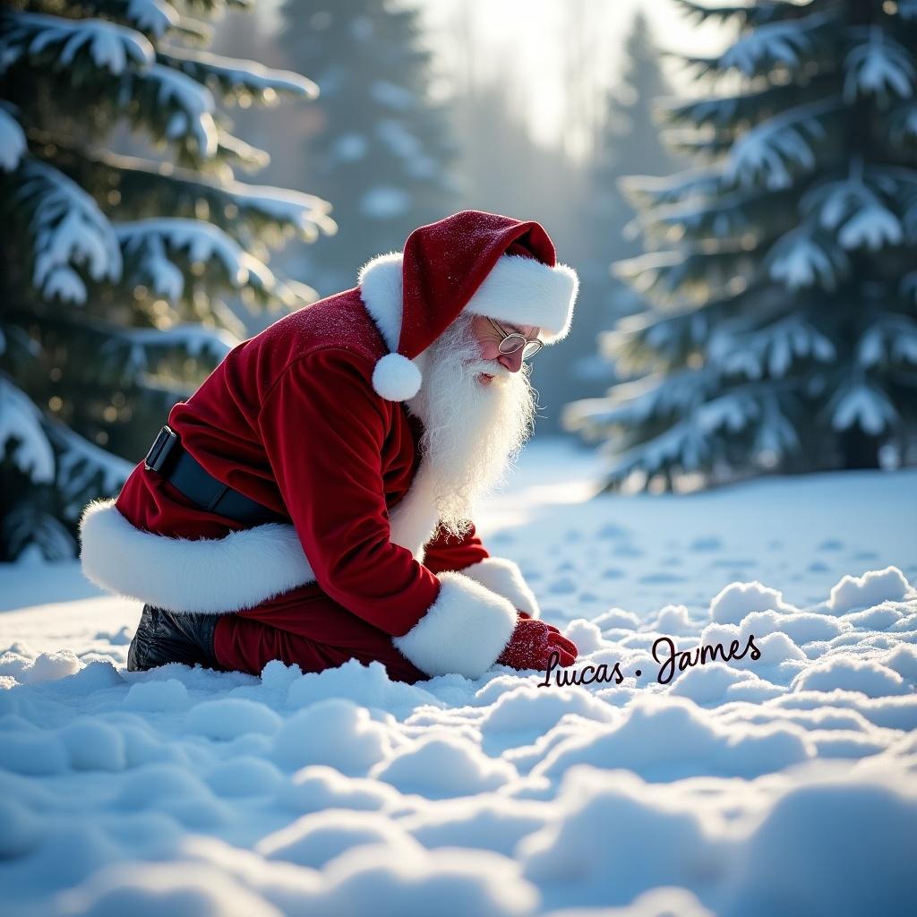 Santa kneeling in snow. Santa wearing red suit and white fur. Writing name in snow. Snow-covered trees in background. Soft daylight illuminating scene.