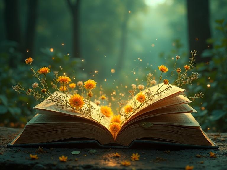 Hyper-realistic image of an ancient book open in a magical forest. Dark leather cover with golden engravings and illustrated vintage pages. Bright yellow sunflowers, romantic pink roses, and purple lavenders bloom from the book. Surrounded by soft light and green foliage. Dreamy atmosphere with sparkling particles. Central space for future integration.