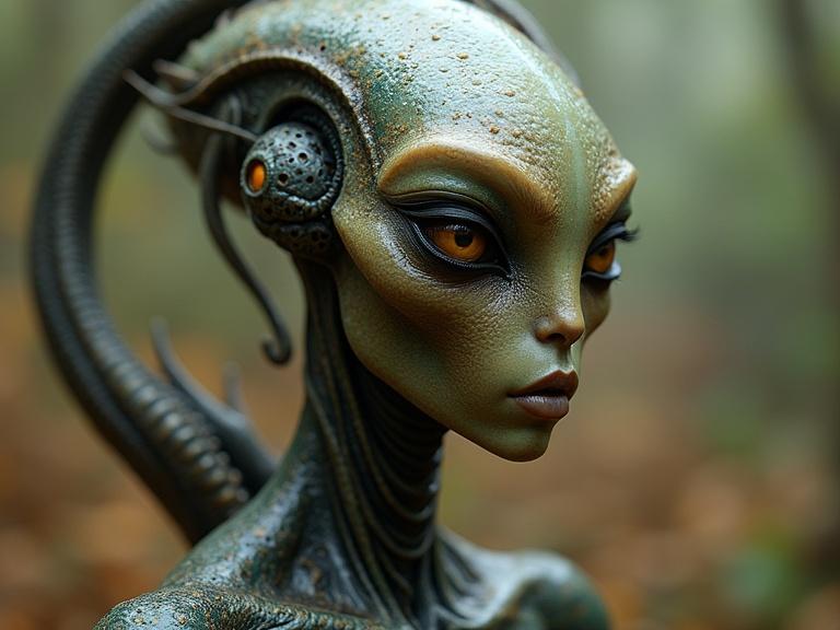 Create an exotic female alien being with intricate details. Include unique characteristics and a mystical environment.
