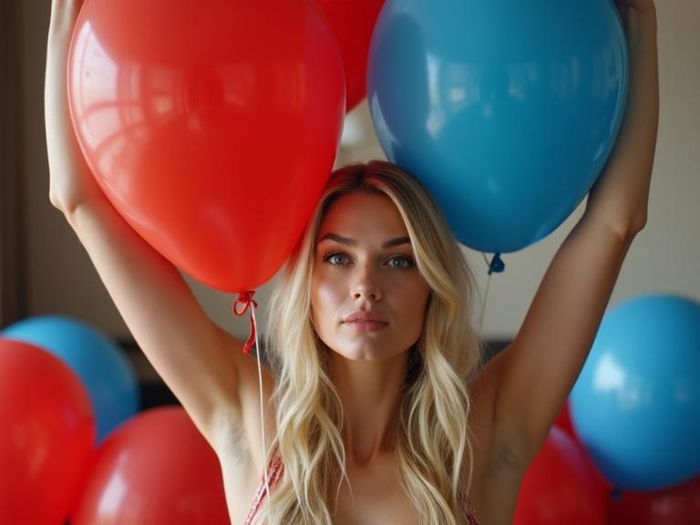 Full body photo of a woman. Blonde hair. Holding giant red and blue balloons. Beautiful face and smooth skin. Hotel room filled with giant balloons.