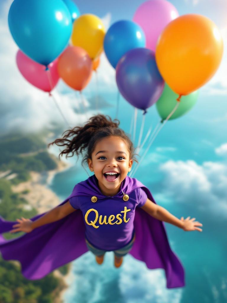 A joyful 3-year-old girl floats with colorful balloons over the Caribbean Sea. She wears a purple cape. The shirt has the word Quest in gold. Bright sunny background.