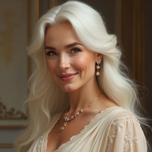 Beautiful mature woman in early 30s to 40s. Long white hair styled elegantly. Glamorous figure with serene expression. Wearing stylish outfit suitable for going out. Soft blurred background highlights character. Semi-realistic portrait with warm tones.