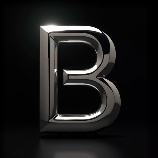 A chrome-plated letter B stands out prominently. No serifs are present in the design. The background is completely black. The letter is highlighted by focused spotlights creating an elegant shimmer.