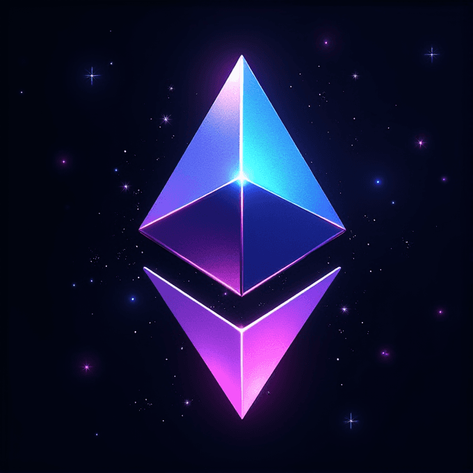 A glowing Ethereum logo in pink and blue hues against a starry background.