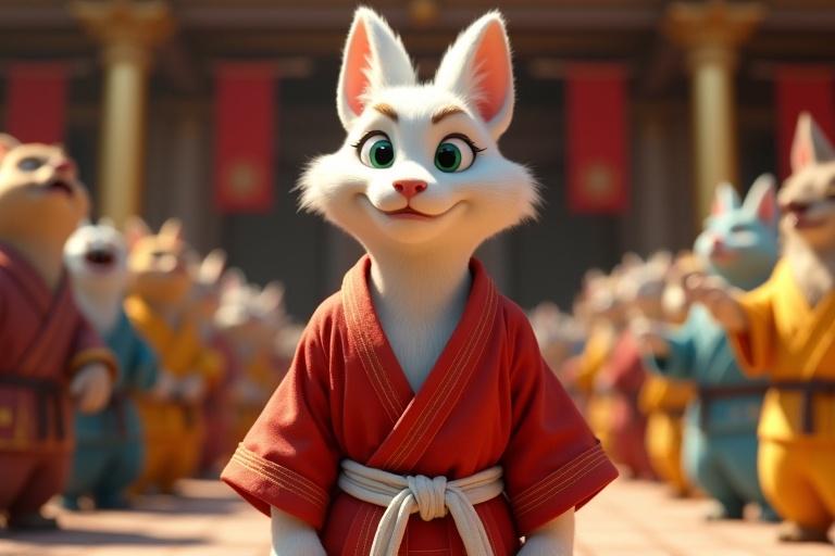 An ultra-HD 4K cinematic scene in a palace courtyard with golden pillars and red banners. Kittuu has white fur and emerald-green eyes. Wears a light red karate gi with a white belt. Holds a resolute expression. Animals in vibrant attire laugh mockingly and point. The Raja watches silently from his throne. Sunlight casts dynamic shadows and bright colors create an intense atmosphere. Textures are hyper-realistic with soft fur and detailed clothing.