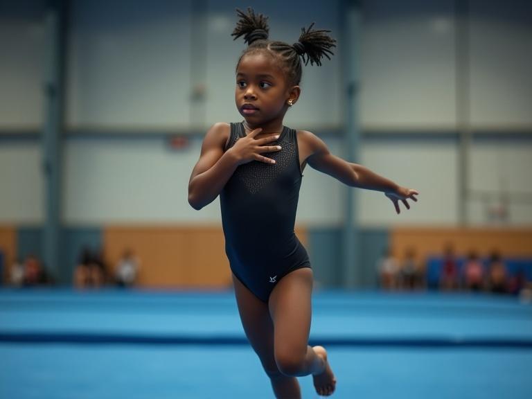 Dynamic shot of a young gymnast in mid-air. Short neat braids. Dark leotard. Rotating her upper body while lower body follows. Arms close to chest. Blurred gymnasium background. Highlight movement and focus.