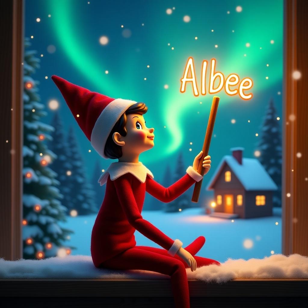 An elf on the shelf sits with its back to the viewer. The elf gazes skyward while holding a glowing wand. A charming Christmas scene is shown with colorful northern lights. A cozy house can be seen in the distance. Snow is on the ground. The elf embodies magic and wonder of Christmas. The name ‘Albee’ appears in the air from the wand.