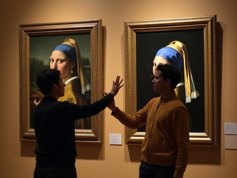 Painting display in a museum. Two individuals interacting with iconic artwork. Argumentative gesture. Museum atmosphere. Classic art appreciation.