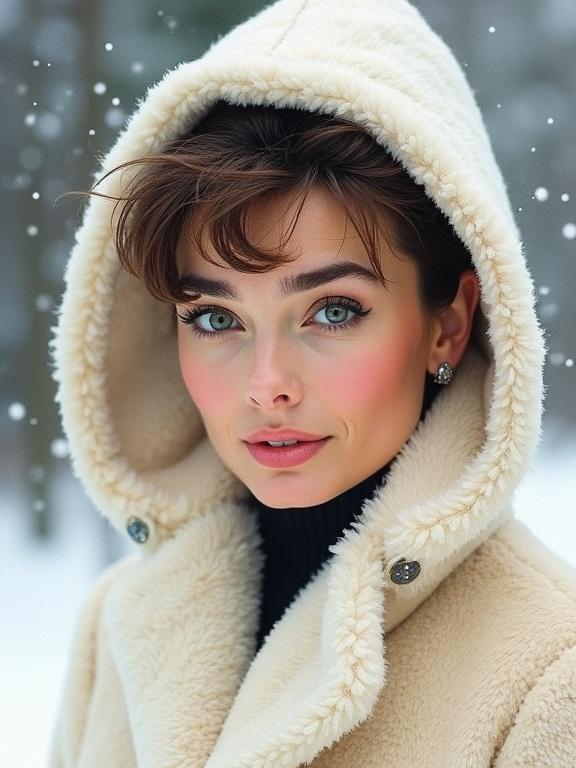 Lovely portrait of a woman. She has brown hair and aqua green eyes. She wears a hooded white fur coat. Winter background is slightly blurred. The lighting is magical and soft.