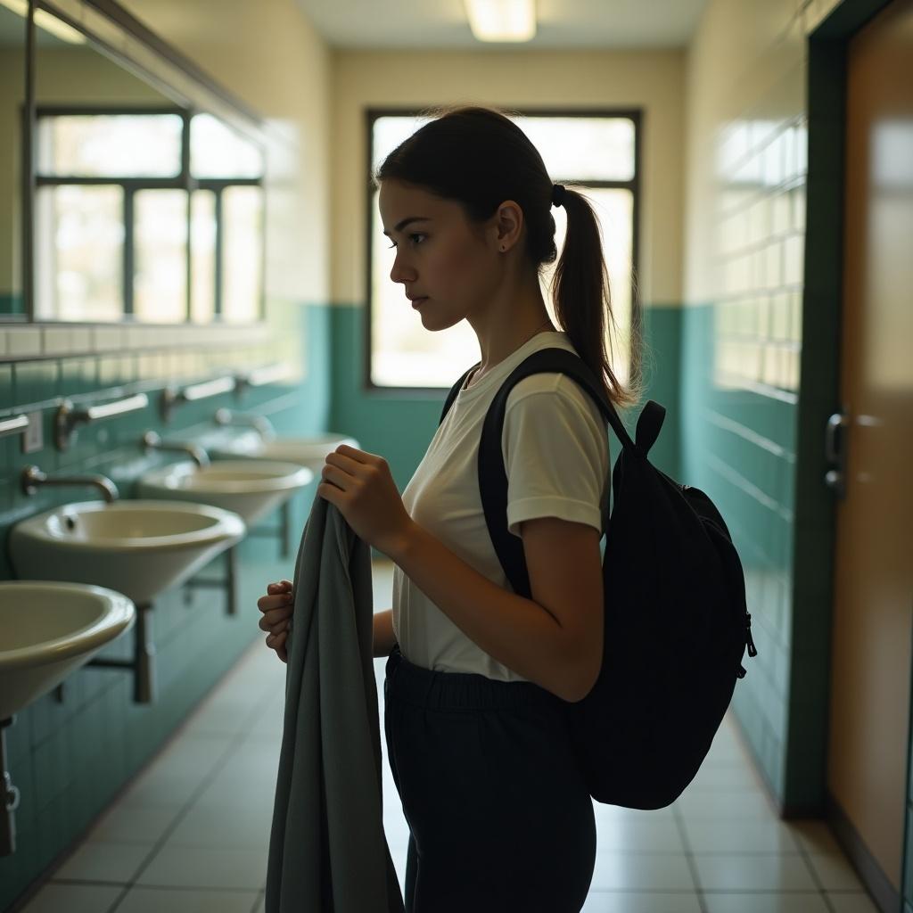 A young woman stands in a school bathroom holding a piece of fabric. She looks contemplative. A backpack is on her shoulder. Tiled walls and sinks are in the background. Soft natural lighting creates a reflective mood.