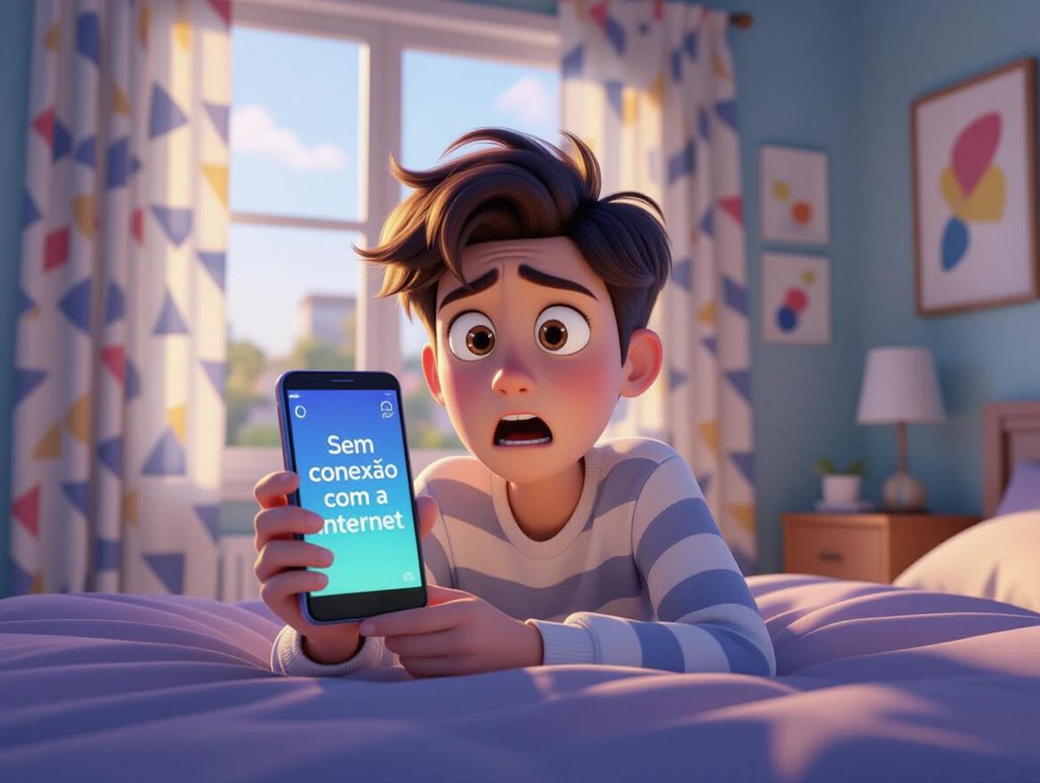 A young person with expressive Pixar-style features wakes up in a modern bedroom. They hold a smartphone that reads 'Sem conexão com a Internet'. The character shows surprise and frustration. Soft morning light fills the room through geometric-patterned curtains. Color-blocked walls and abstract wall art add depth. The scene has a vertical composition with a crisp character depiction and motion blur in the background.