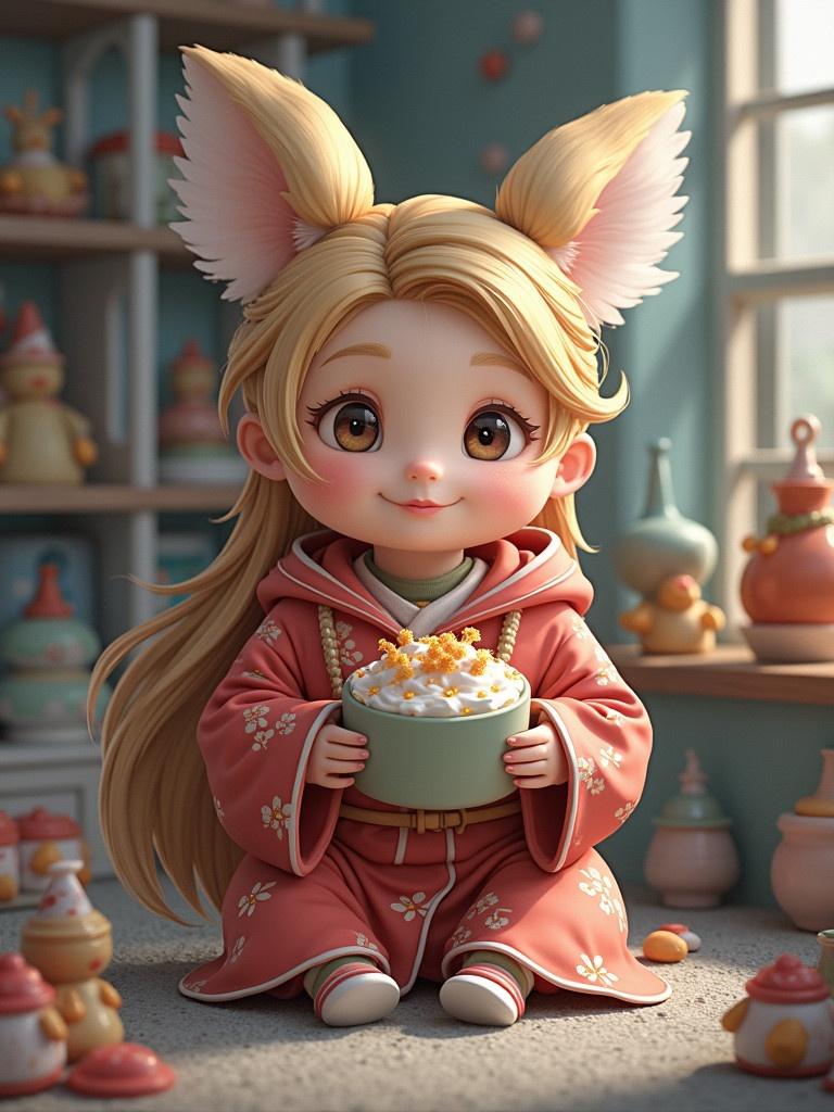 Character with animal ears sitting on a table. Wearing a floral robe. Holding a bowl of popcorn. Surrounded by colorful decor.