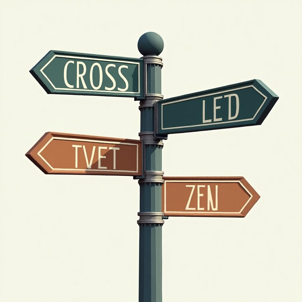 Generate a street sign displaying four directional arrows labeled Cross Led Tvet Zen.