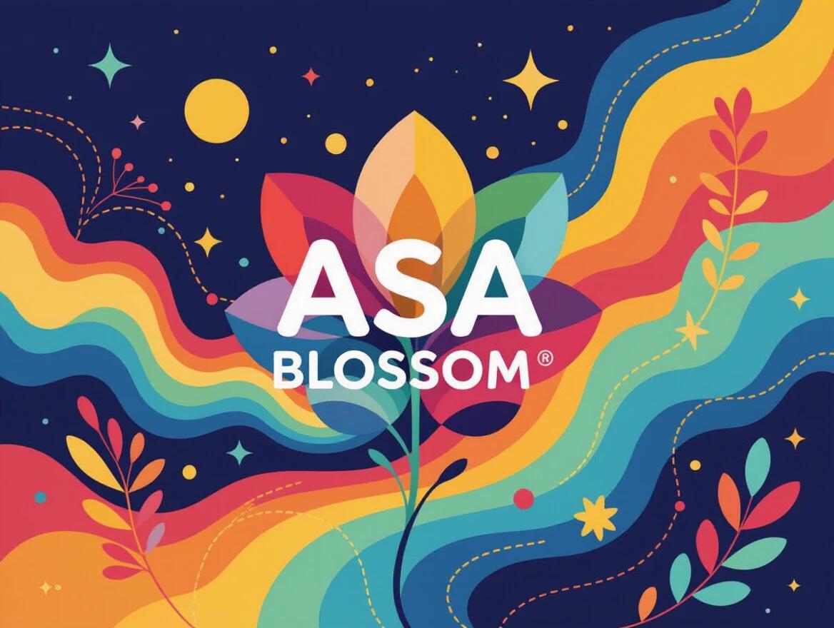 Colorful logo featuring the words ASA BLOSSOM. Playful design with a flower motif. Incorporates vivid colors and whimsical elements. Magical and surreal vibe.