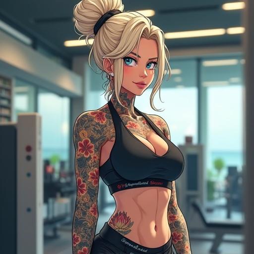 Anime illustration of a woman with blue eyes and light blonde hair in a high bun. She has piercings, colorful tattoos, and wears modern Nike athleticwear. Depicted in a luxurious home gym, showcasing her muscular physique and focused expression.