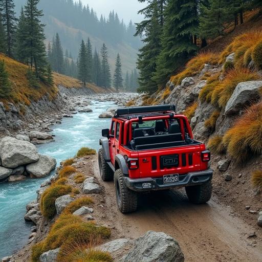 A hyper-realistic red Jeep Rubicon drives on a narrow dirt trail along a mountain stream. The vehicle is viewed from an elevated perspective, showcasing its open roof and detailed mud-covered tires. The vibrant red paint contrasts with the earthy landscape. Surrounding the SUV are rocky hills, pine trees, mossy boulders, and autumn shrubs. A turquoise glacial stream flows swiftly. The scene features overcast lighting, crisp textures, and a cinematic composition in 8K resolution.