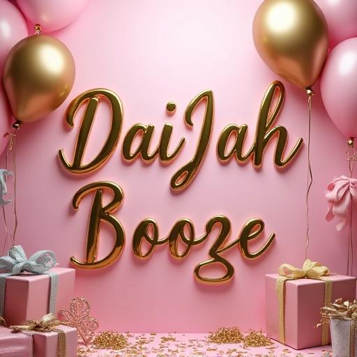 Design a birthday sign featuring elegant bold text. Use colors of pink, gold, and silver. Include balloons, confetti, and gifts wrapped with ribbons.