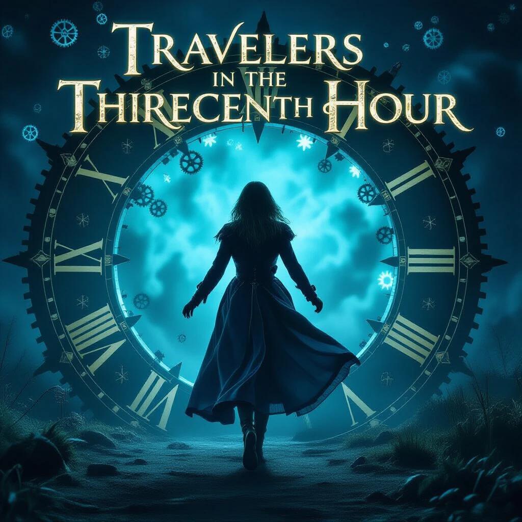 Travelers in the Thirteenth Hour movie poster features a title with a clock face design. A female figure walks through a time rift. Gears are floating around her. A bright cyan light backlights her flowing cloak. The image has a steampunk fantasy style with high clarity.