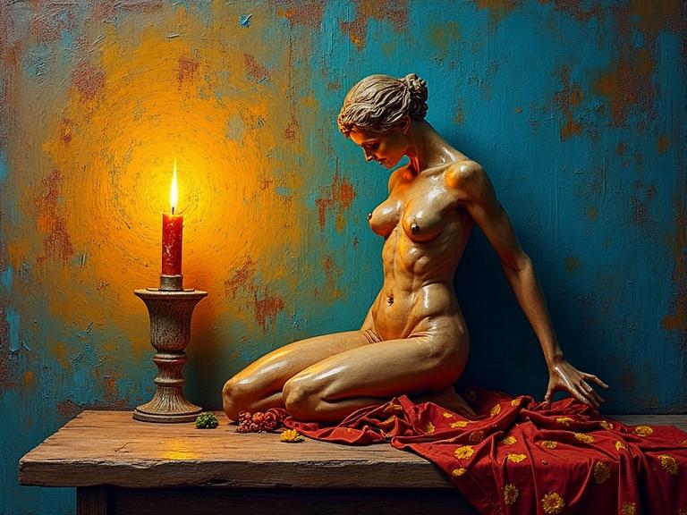 Vibrant still life with a rustic wooden table featuring a female erotic sculpture and a flickering candle. Background has a textured, swirling wall with bold strokes. Light from the candle creates dynamic shadows and highlights.