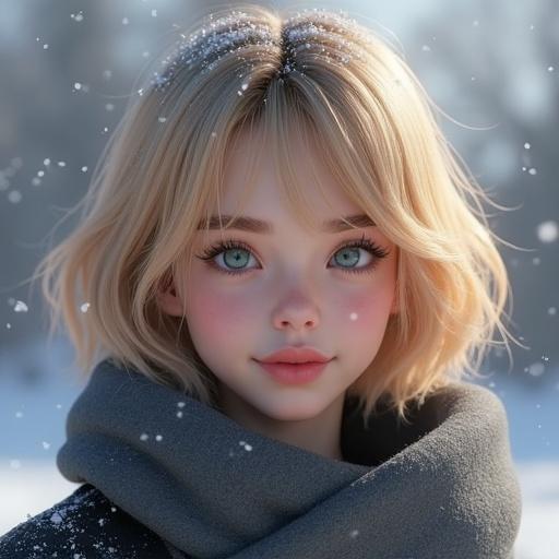 Character portrait of a young woman with golden-blonde hair in winter attire. She has blue-green eyes, a compact bone structure, and soft features. The setting features soft ambient lighting and falling snow, creating a magical atmosphere. The character is rendered in a PS5-level visual style with stylized realism.